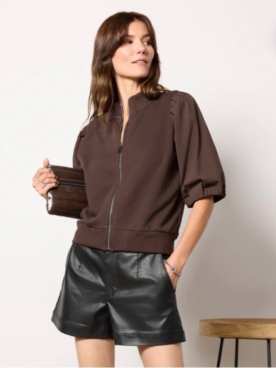 Evereve Tops - EVEREVE JORDAN PUFF SLEEVE SHORT SLEEVE FULL ZIP TOP JACKET COCOA BROWN SZ SMALL